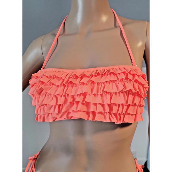 Woman Medium Orange Ruffle Bikini Set Top/ Low Rise Bottom Removable Straps - Picture 4 of 9
